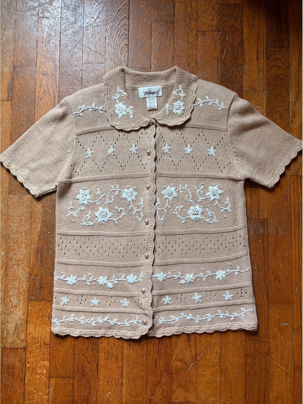 Vintage Worthington Beige Crocheted Floral Cardigan Women's Medium
